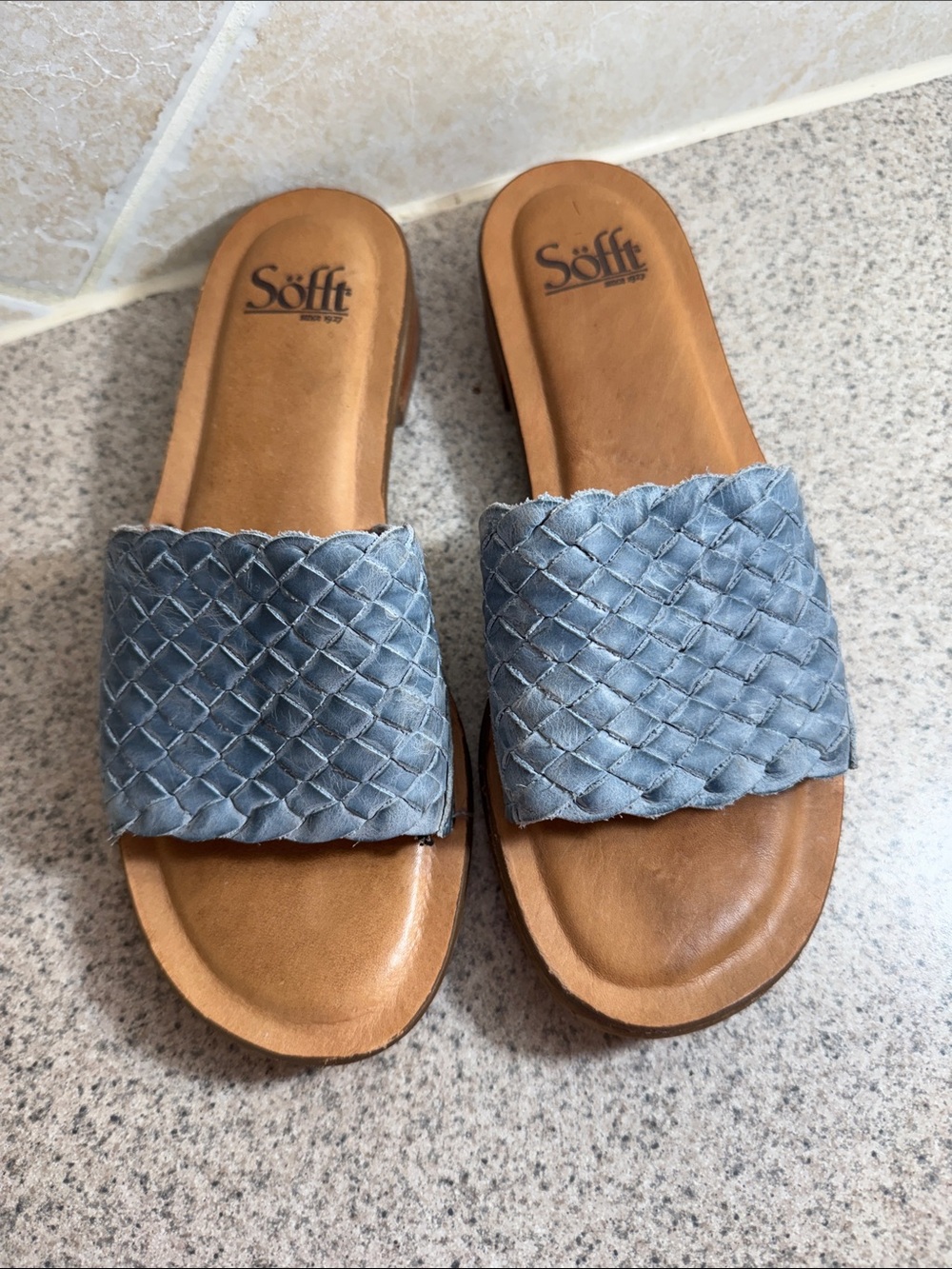 Söfft Blue Woven Slide Mules with Tan Footbed